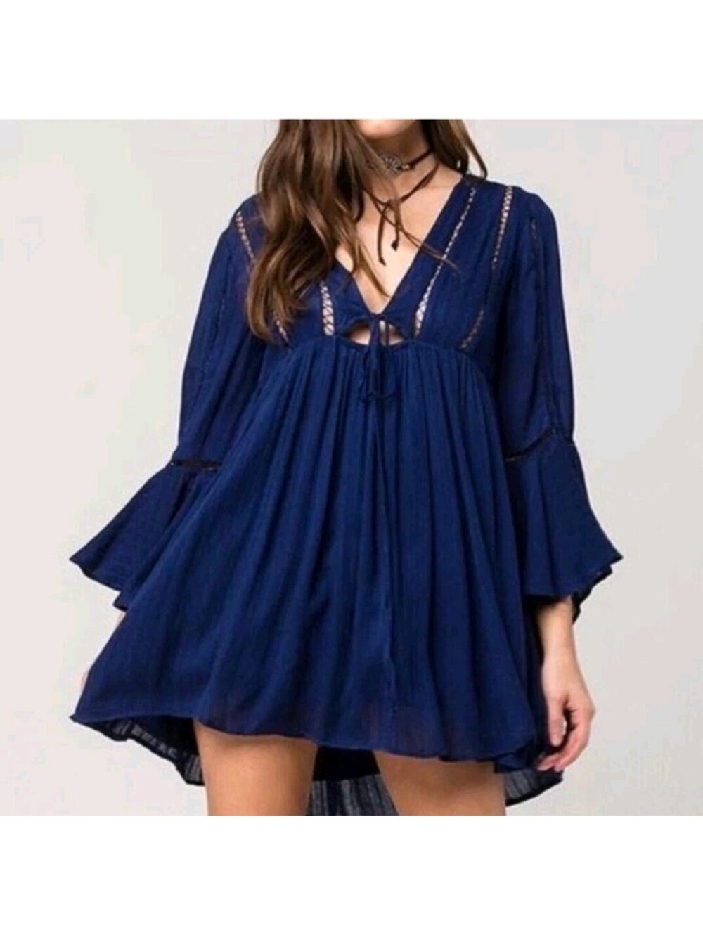 NWT Free People Dress Womens XS Blue Fairy Tunic Gyspy Lined Tie Front Romeo
